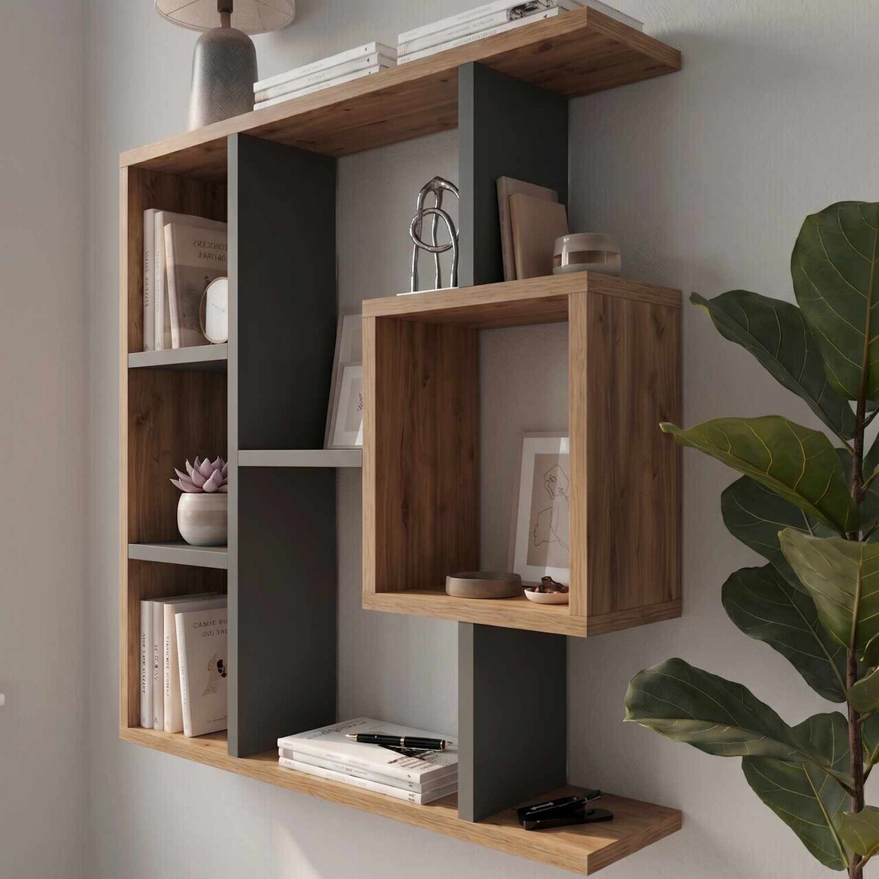 Corp biblioteca, Hanah Home, Yegane, 70.9x74.5x19.7 cm, Pin Atlantic / Antracit — imaginea 3