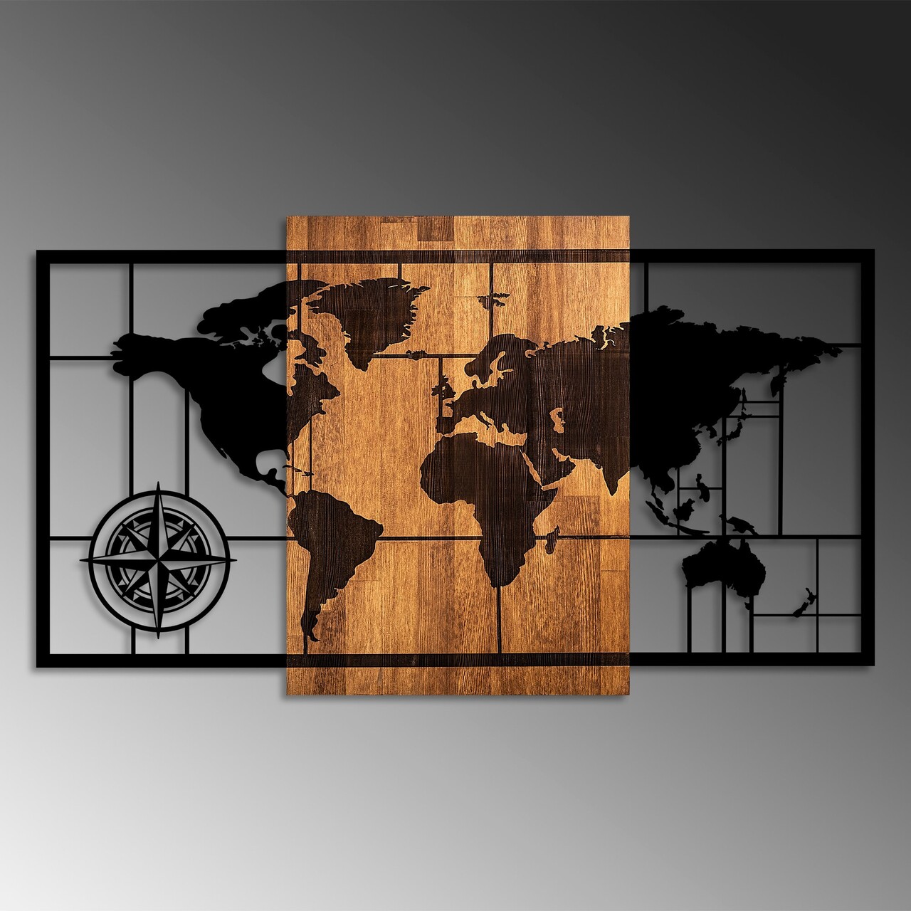 Decoratiune de perete, World Map 1-L, Dimensiuni: 70 x 121 cm, Nuc / Negru - view 4