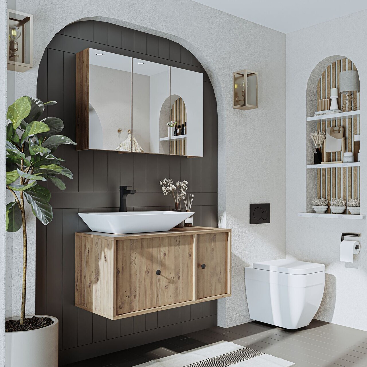 Set Dulap de Baie cu Chiuvetă și Oglindă (2 Piese), Hanah Home, 2554, MDF, Maro — imaginea 2