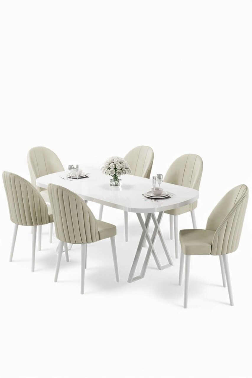 Set masă și scaune (7 piese), Hanah Home, Kaye, Alb / Crem - view 2