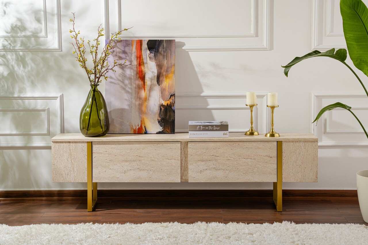Comoda TV, Nordure, Serenity, 180x50x30 cm, Travertin / Auriu - imagine 3