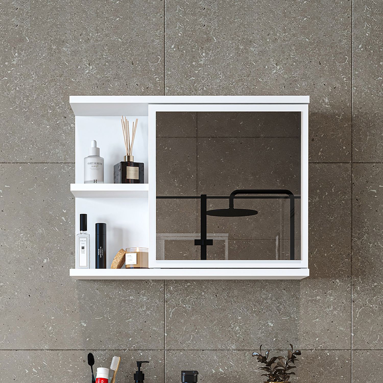 Dulap de baie cu oglindă, Hanah Home, 2673, 60x45x16 cm, PAL MELAMINAT, Alb