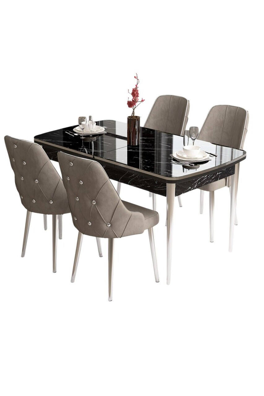 Set masa si scaune (5 piese), Hanah Home, Tia, Model de marmură neagră / Crom / Cappuccino — imaginea 2