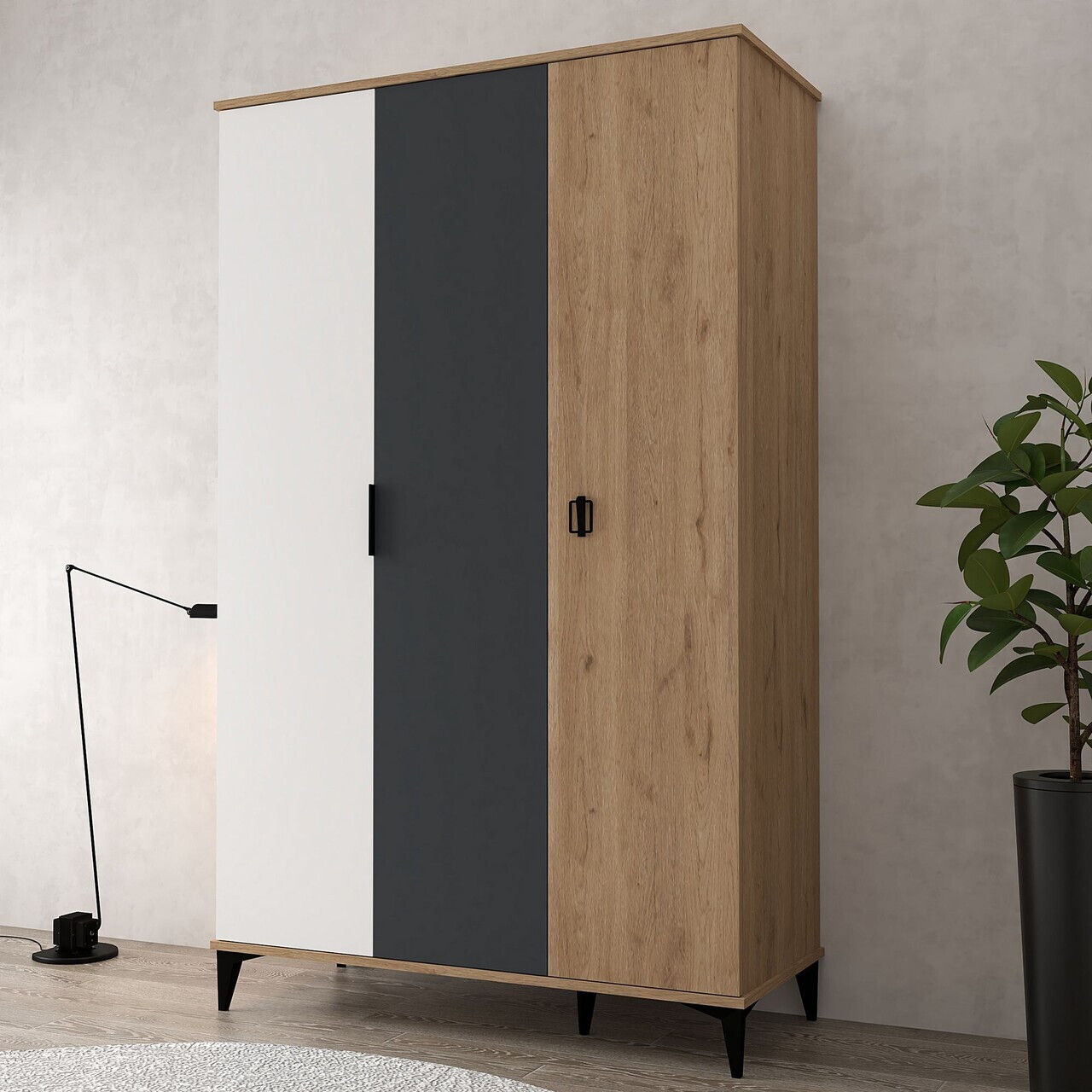 Dulap pentru haine, Hanah Home, Neva 6302, PAL, Stejar / Alb / Antracit — imaginea 4