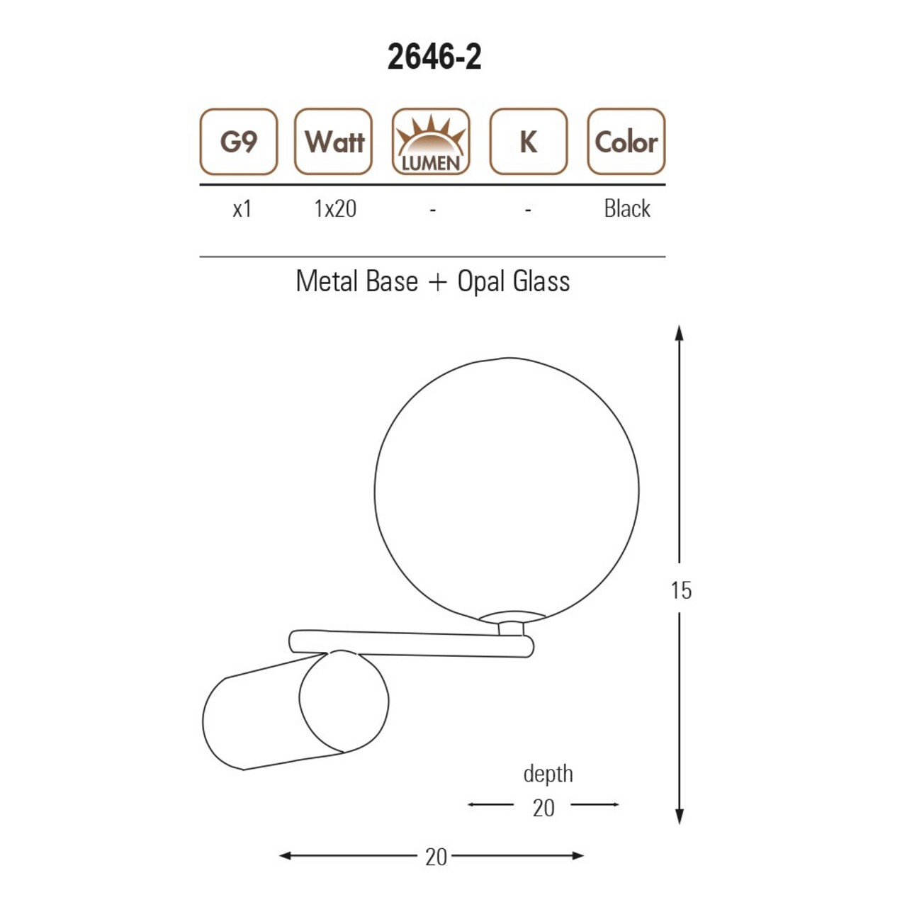 Aplica de perete, Lightric, 414LRC1155, Negru