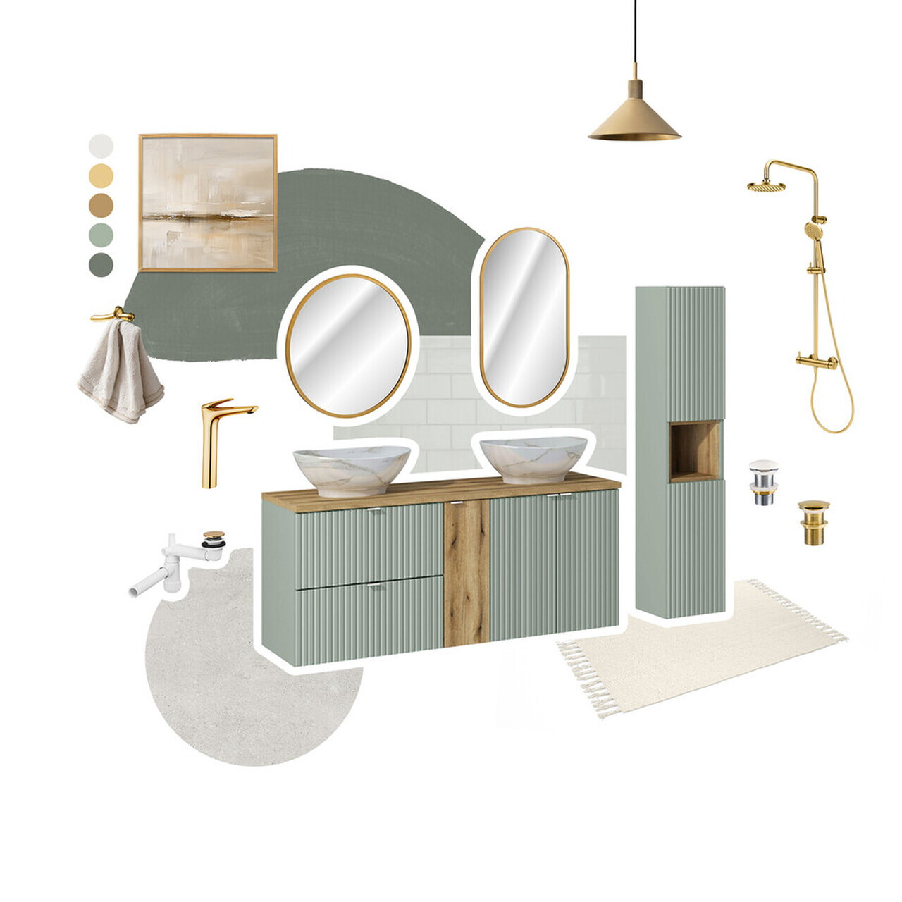 Set mobilier baie Line Reed Green 120 cm, dulap inalt si masca dubla cu lavoar, Comad, MDF/PAL, verde
