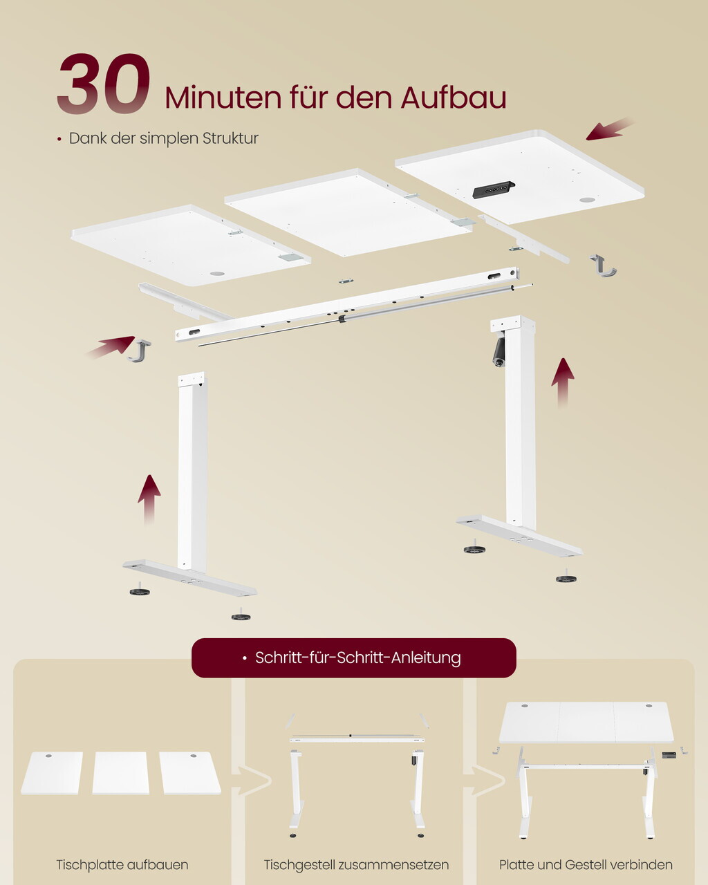 Birou electric reglabil pe inaltime, Vasagle, 140x60x72-120 cm, PAL/otel, alb - imagine 6
