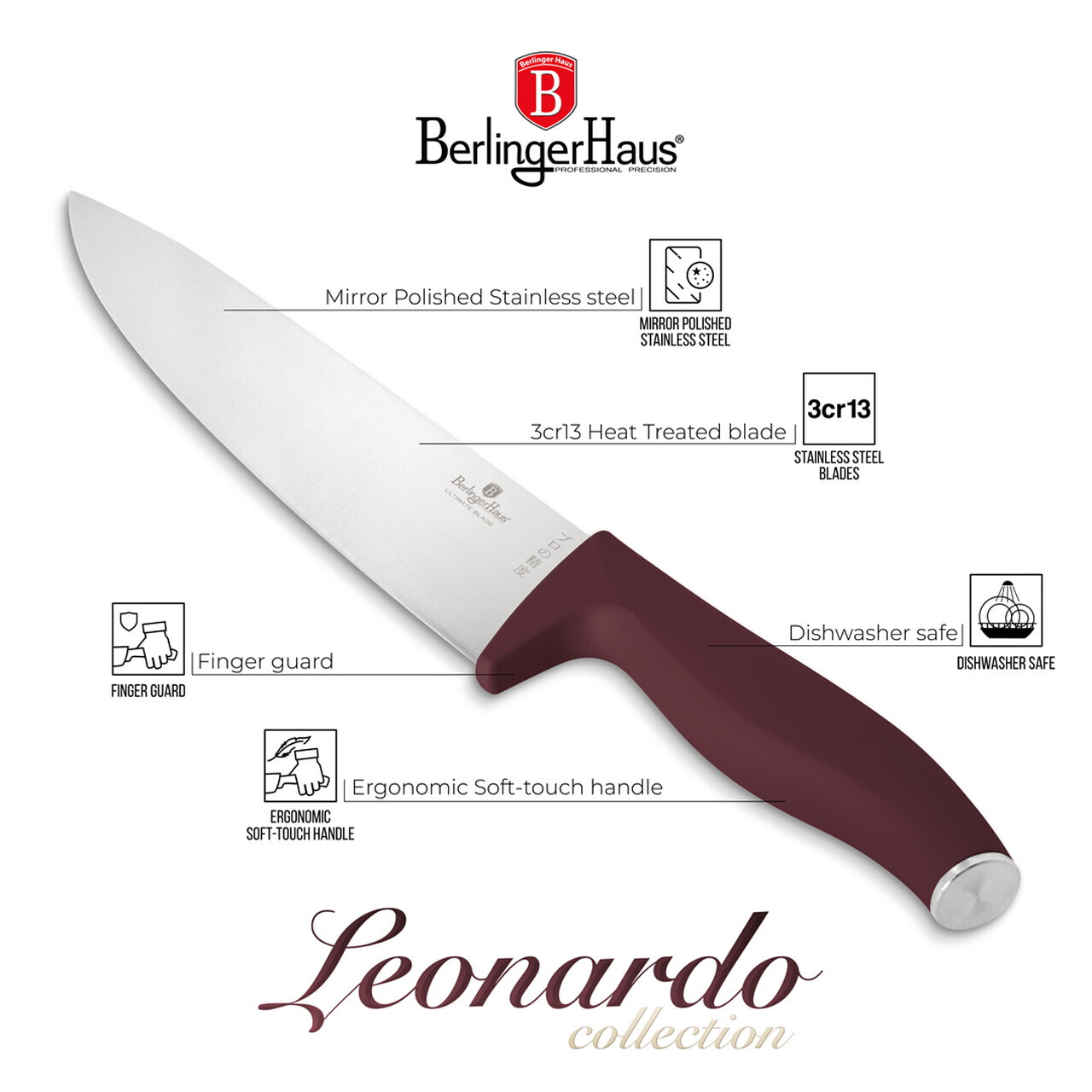 Set 6 cutite Berlinger Haus, Leonardo, inox, visiniu mat - imagine 3