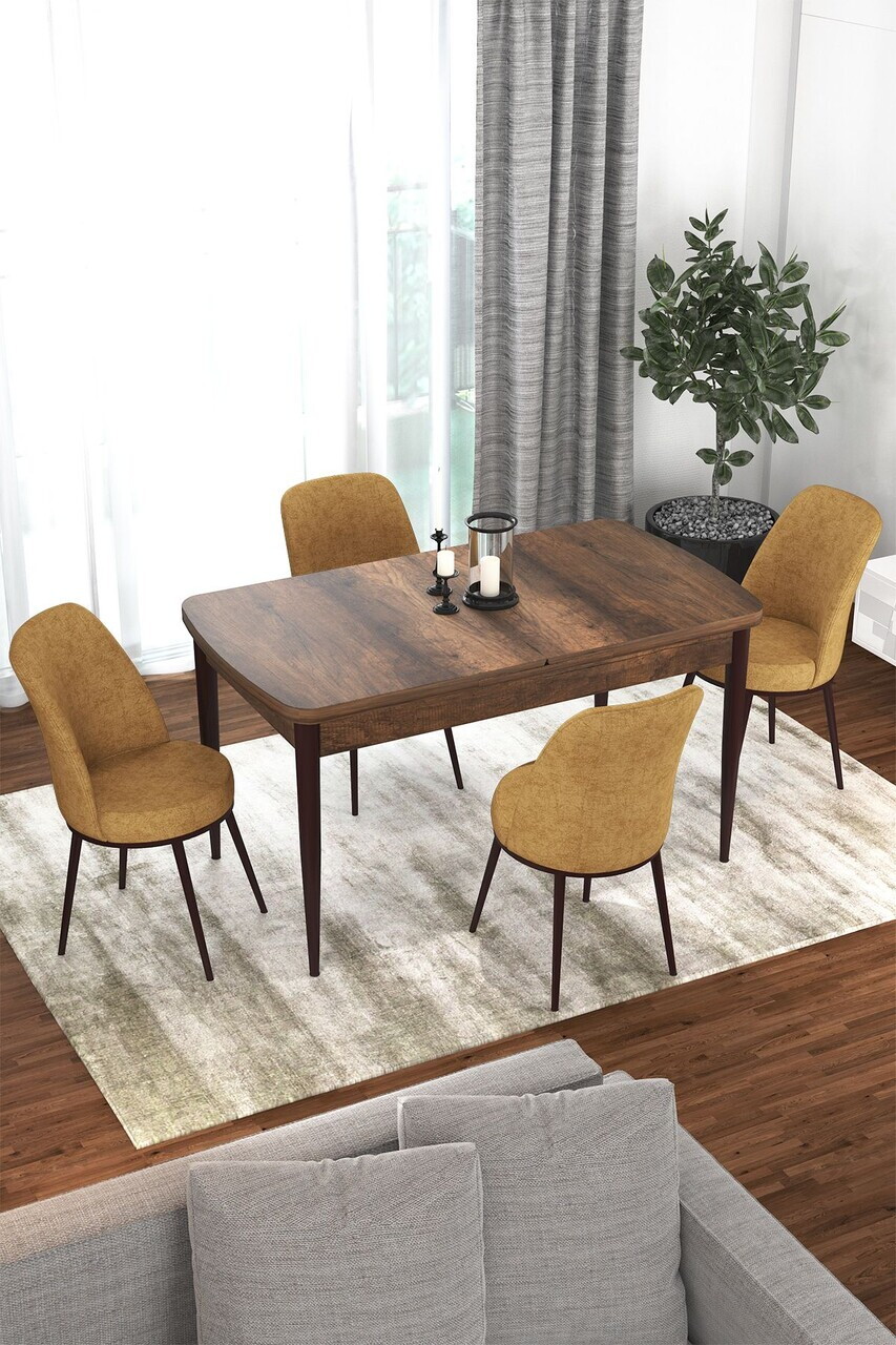Set masa extensibila si scaune (5 piese), Hanah Home, Via, Model baroc din lemn / Cappuccino