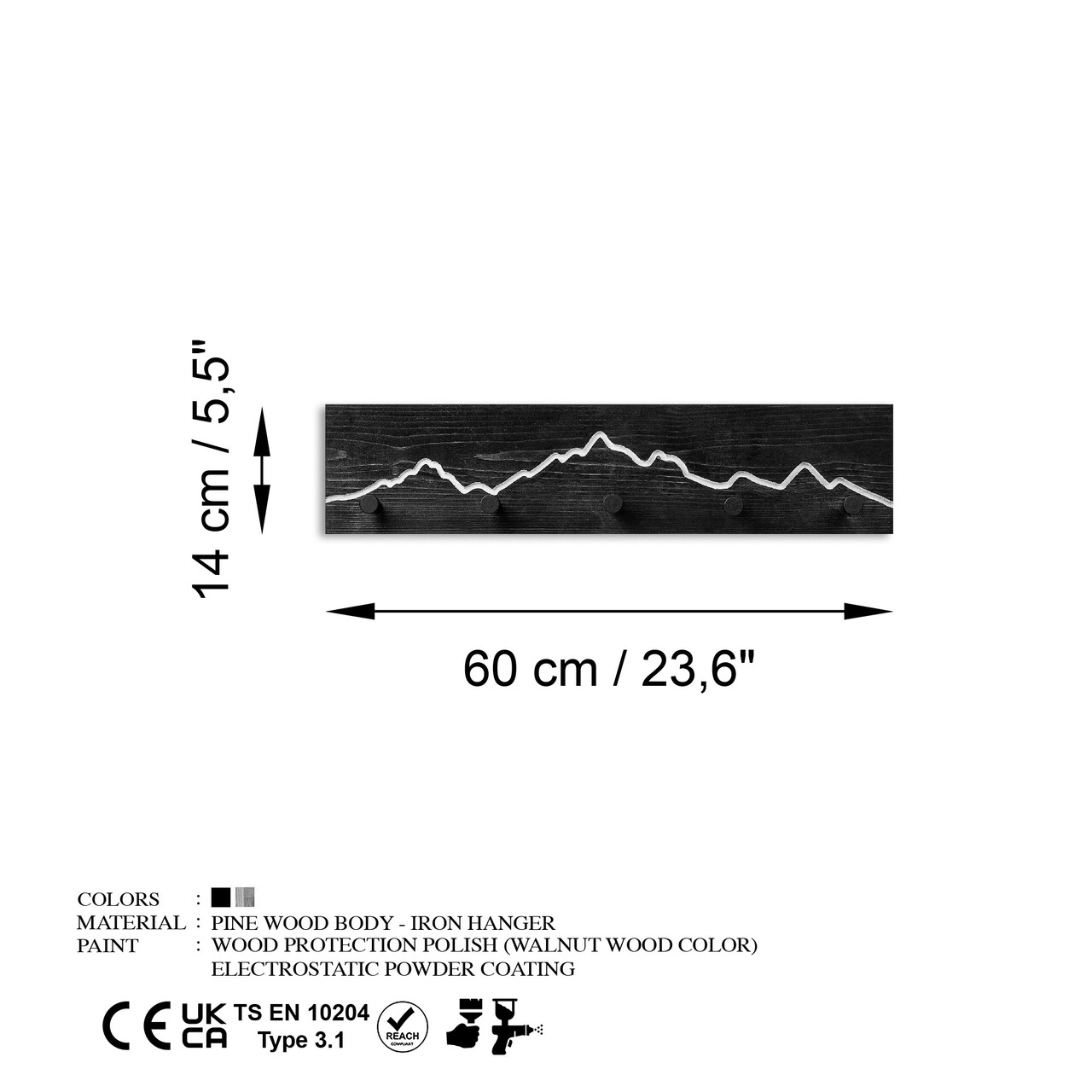 Cuier de perete din lemn, Mountain 1, Lățime: 60 cm Înălțime: 14 cm Adâncime: 5 cm, Negru
