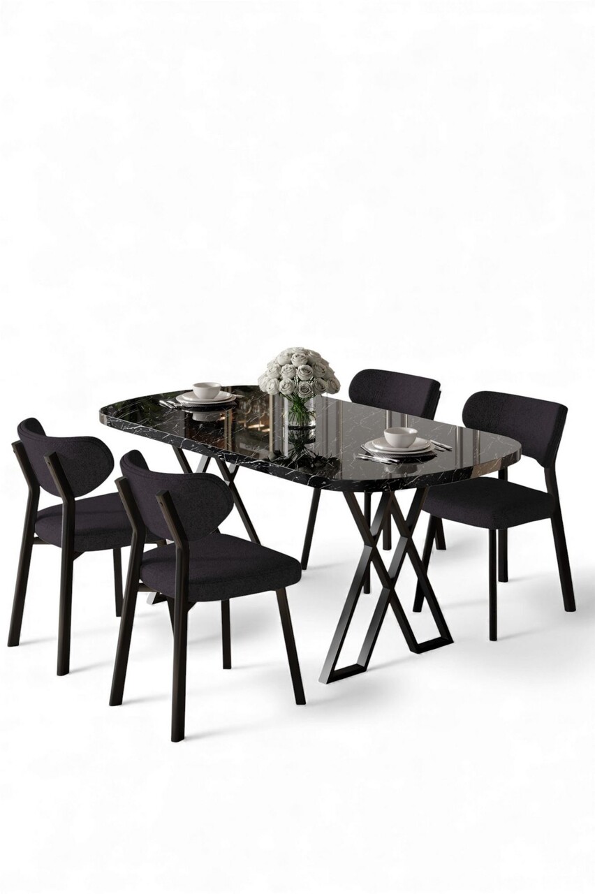 Set masă și scaune (5 bucăți), Hanah Home, Axton, Marmură neagră / Antracit - view 2
