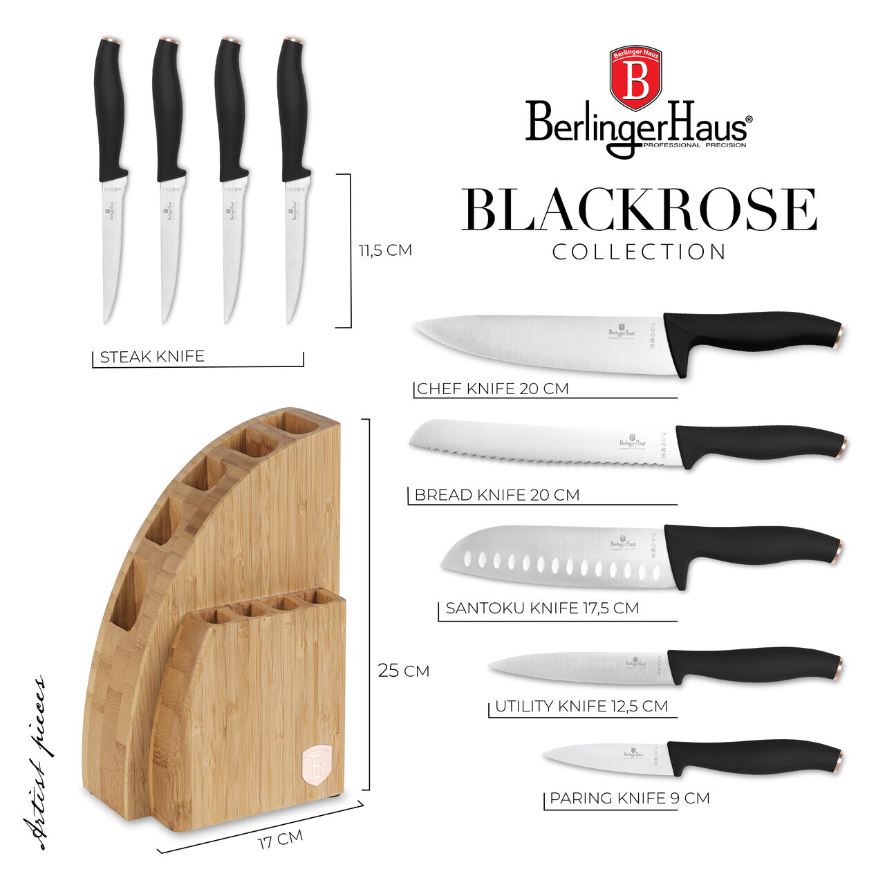 Set 9 cutite cu suport Berlinger Haus, Black Rose, inox/bambus, negru/natur - view 18