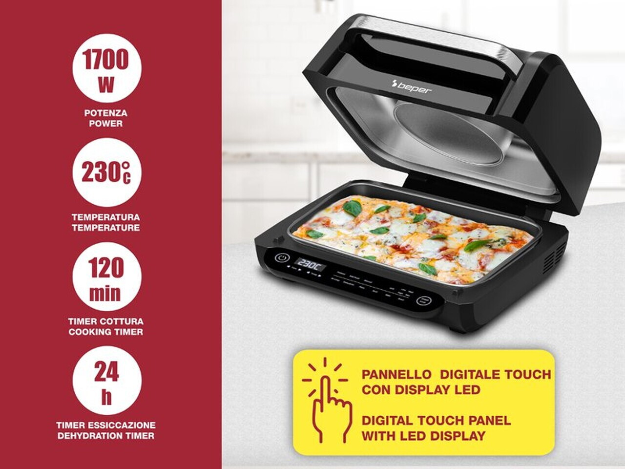 Friteuza cu aer fierbinte si gratar multifunctional Cucinotto Pro, Beper, 1700W, 39.5x40x24.5 cm, 8 programe, plastic/aluminiu/inox, negru — imaginea 8
