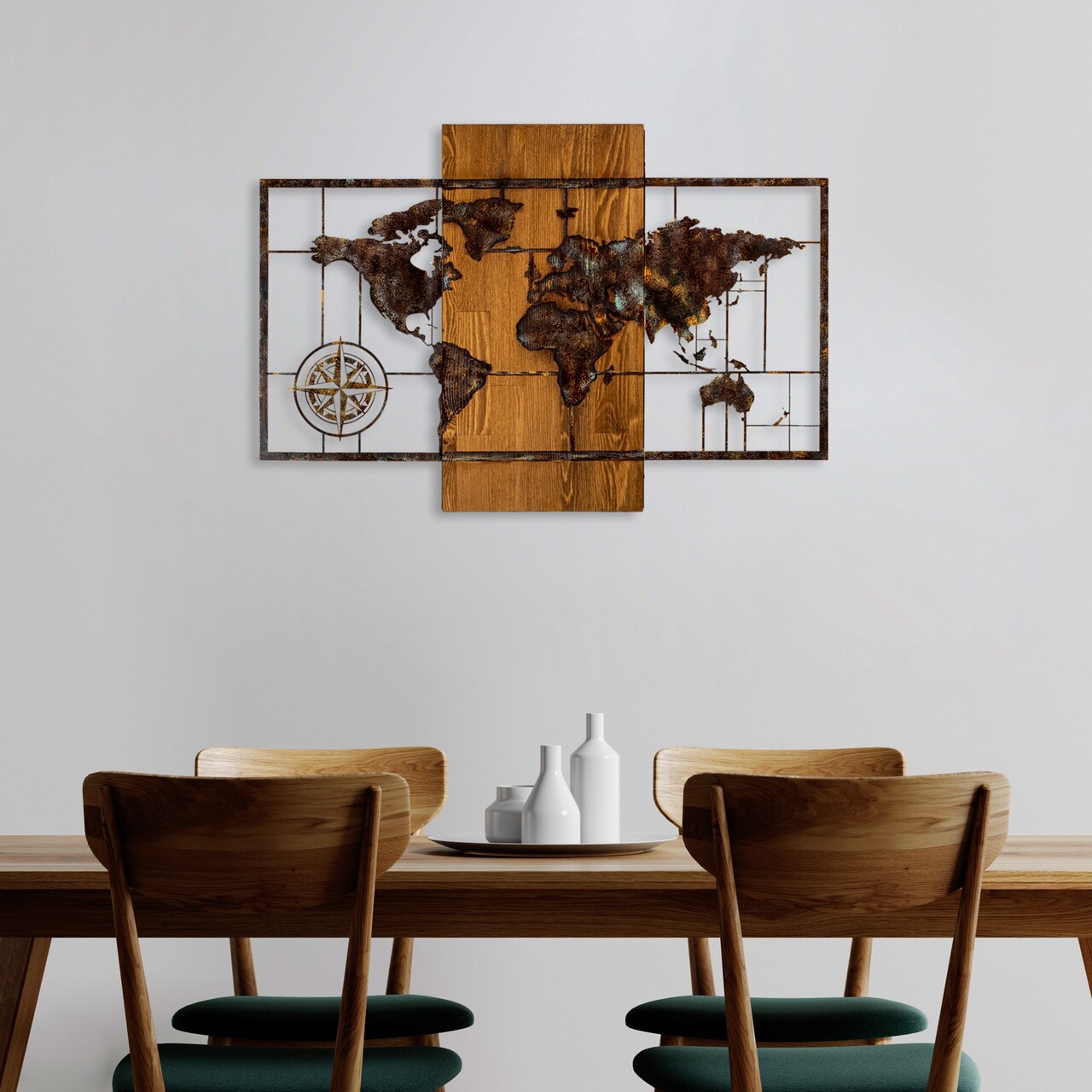 Decoratiune de perete, World Map With Compass 5, Dimensiuni: 58 x 85 cm, Nuc / Maro - view 2