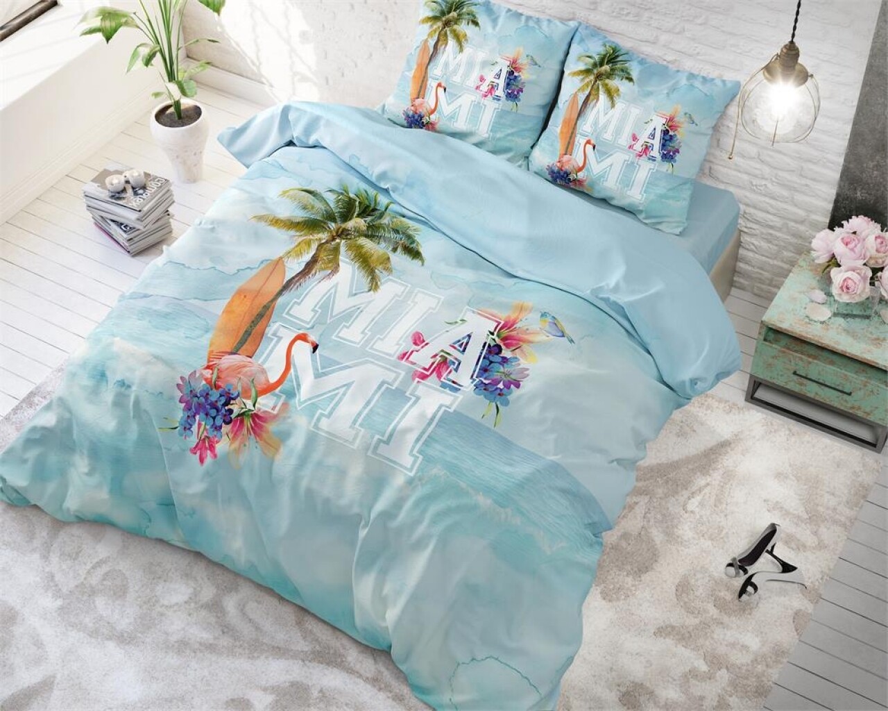 Lenjerie De Pat Dubla Pure Miami Summer Blue, Dreamhouse, 3 Piese, 100% Bumbac, Multicolora