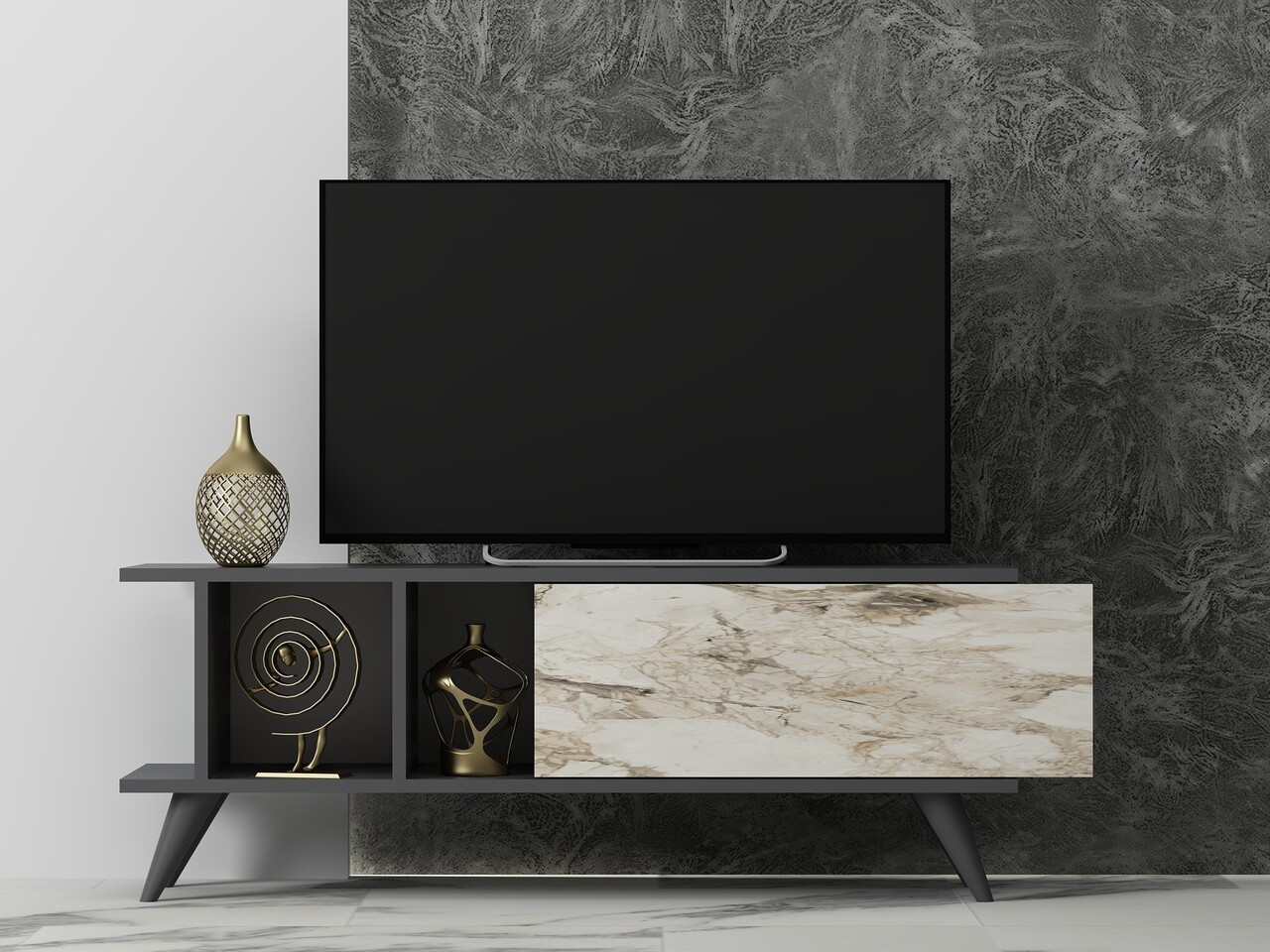 Comoda TV, Odessa, Liberty, 120x30x45 cm, PAL, Antracit / Marmură