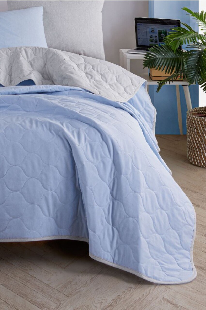 Set cuvertura Single 160x220 cm, 2 piese, Solid - Light Blue, Grey, Eponj Home, 65% bumbac/35% poliester