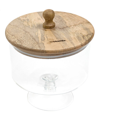 Bol pentru servire cu capac Wood Colony, Homla, 16x18 cm, sticla/lemn, transparent/natur