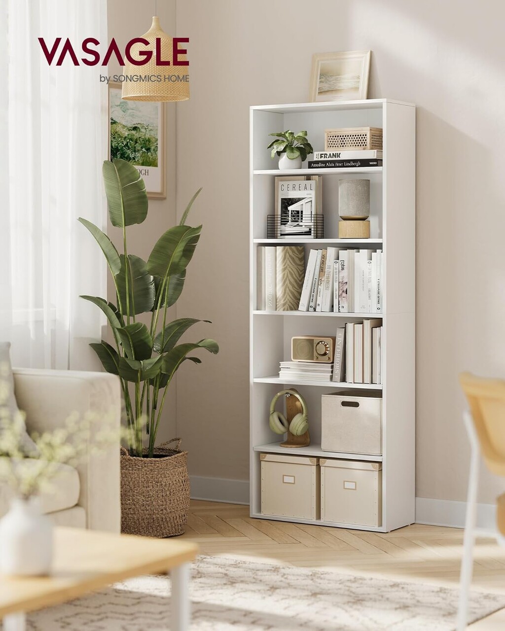 Biblioteca cu 6 rafturi, Scandinavian Style, Vasagle, 60x24x178.5 cm, PAL, alb