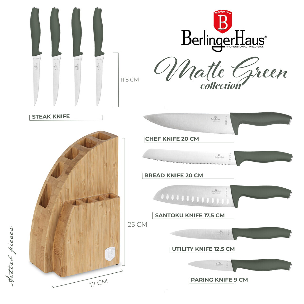 Set 9 cutite cu suport Berlinger Haus, Matte Green, inox/bambus, verde mat/natur - imagine 14