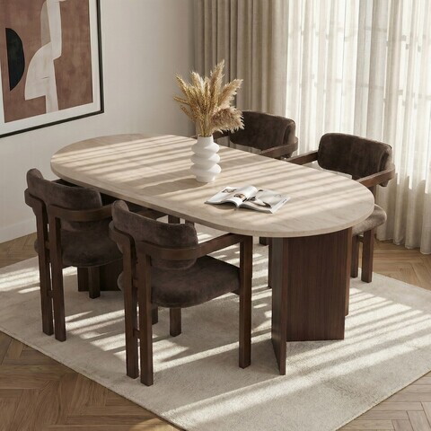 Set masa si scaune (5 piese), Nordure, Meridia 4, Travertin / Nuc Milano / Nuc Închis / Maro