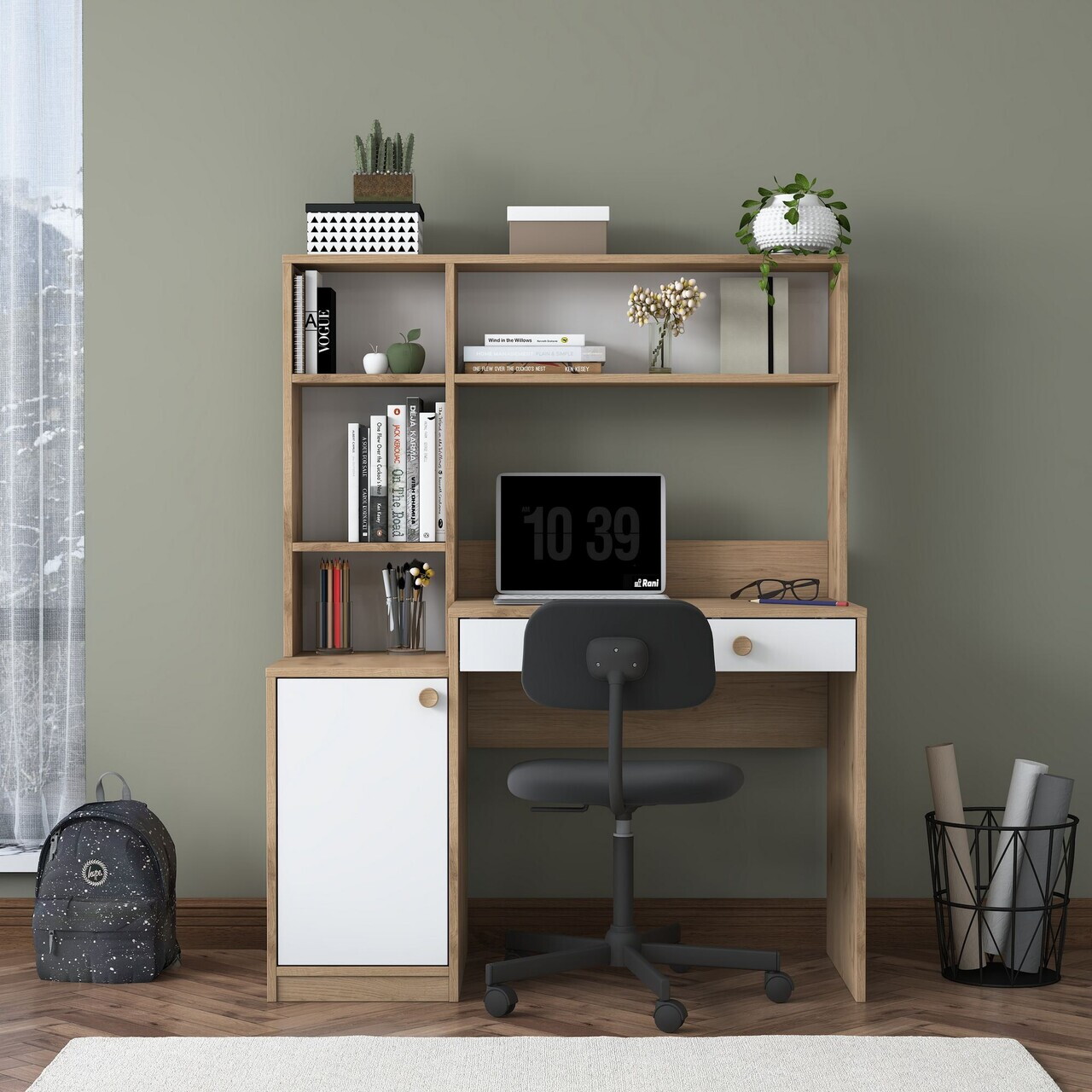 Set birou si biblioteca, Hanah Home, HA126, 115x146x50 cm, PAL melaminat, Nuc/Alb - view 2