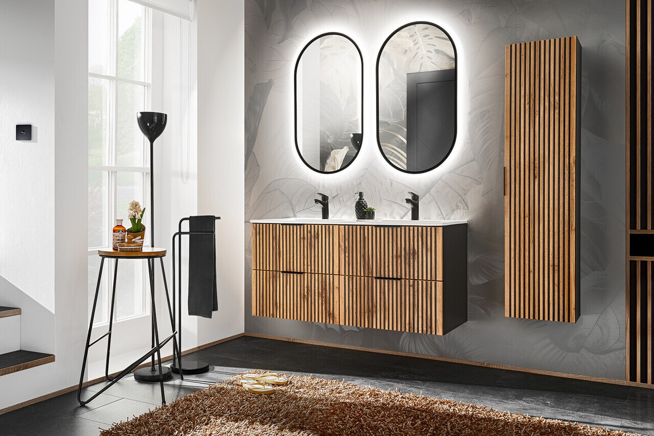 Dulap inalt cu usa, cu fixare pe perete, Xilo Black, Comad, 35x25x140 cm, MDF/PAL laminat, stejar wotan/gri piatra — imaginea 5