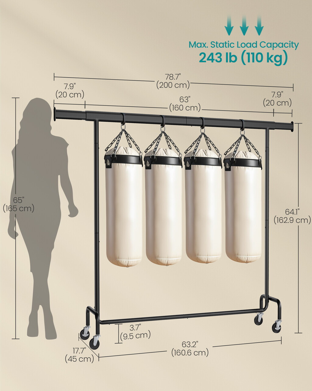 Suport mobil si extensibil pentru umerase, Songmics, 160-200x45x162.9 cm, max 110 kg, otel/plastic, negru — imaginea 2