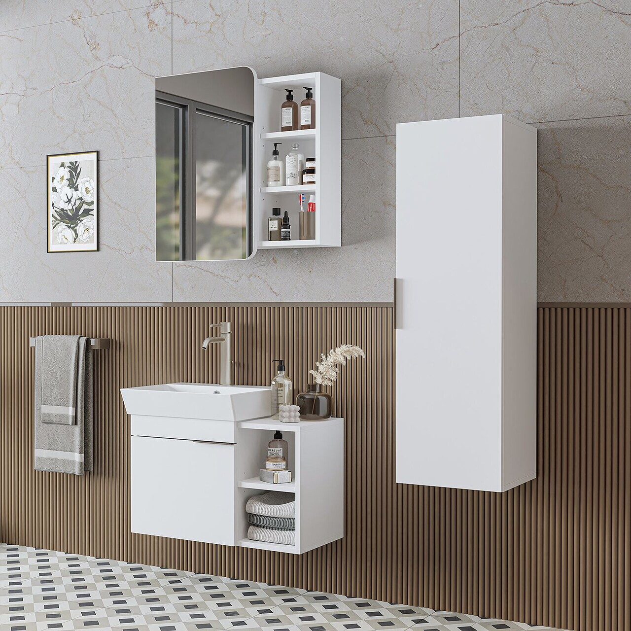 Set Dulap de Baie cu Chiuvetă și Oglindă (3 Piese), Hanah Home, 2925, PAL MELAMINAT, Alb — imaginea 3