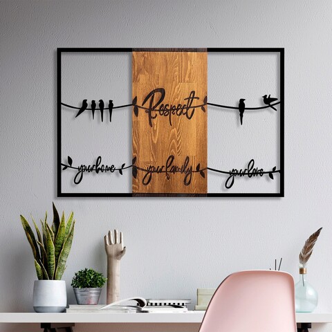Decoratiune de perete, respect / your home / your family / your love 1, lemn/metal, dimensiune: 88 x 57 cm, nuc / negru