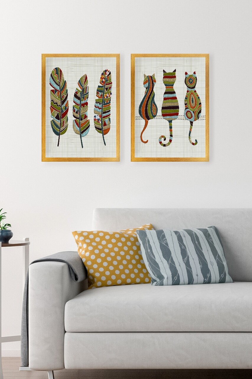 Set 2 Tablouri Decorative Cat And Feathers, Tablo Center, 34x44 Cm, MDF, Multicolor