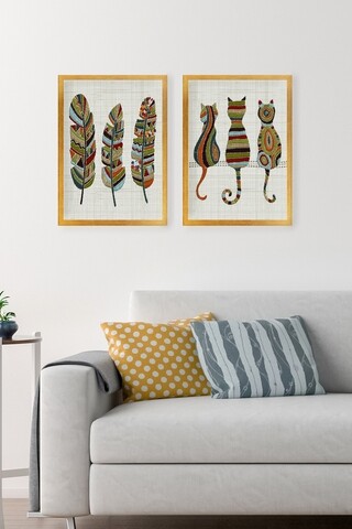 Set 2 tablouri decorative Cat and Feathers, Tablo center, 34×44 cm, MDF, multicolor 34x44
