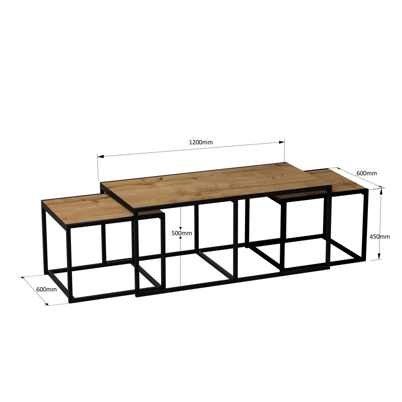 Set 3 masute de cafea, Zena Home, Gigante, 120 x 50 x 60 cm, pal melaminat, stejar/negru