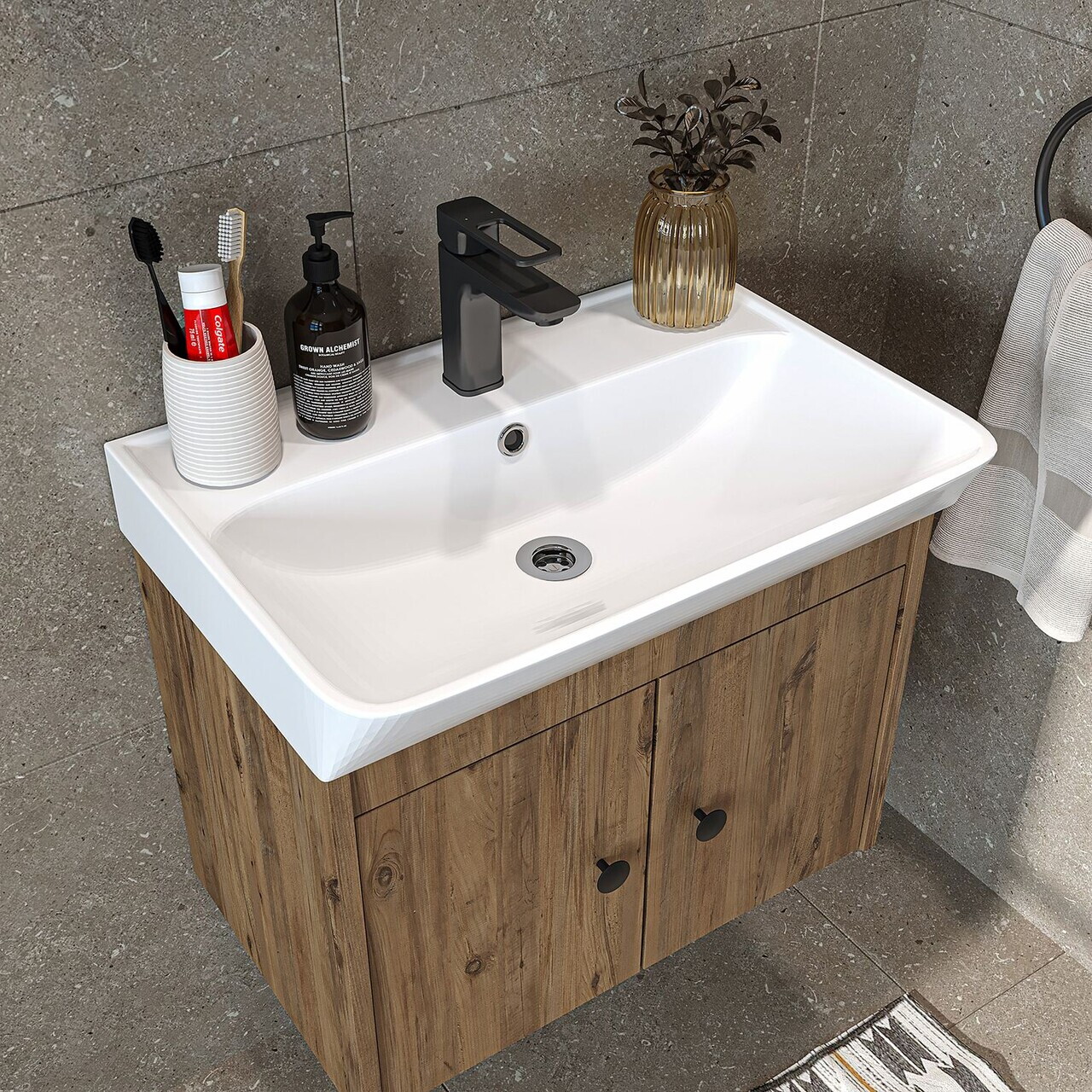 Set Dulap de Baie cu Chiuvetă și Oglindă (2 Piese), Hanah Home, 2678, PAL MELAMINAT, Maro — imaginea 5
