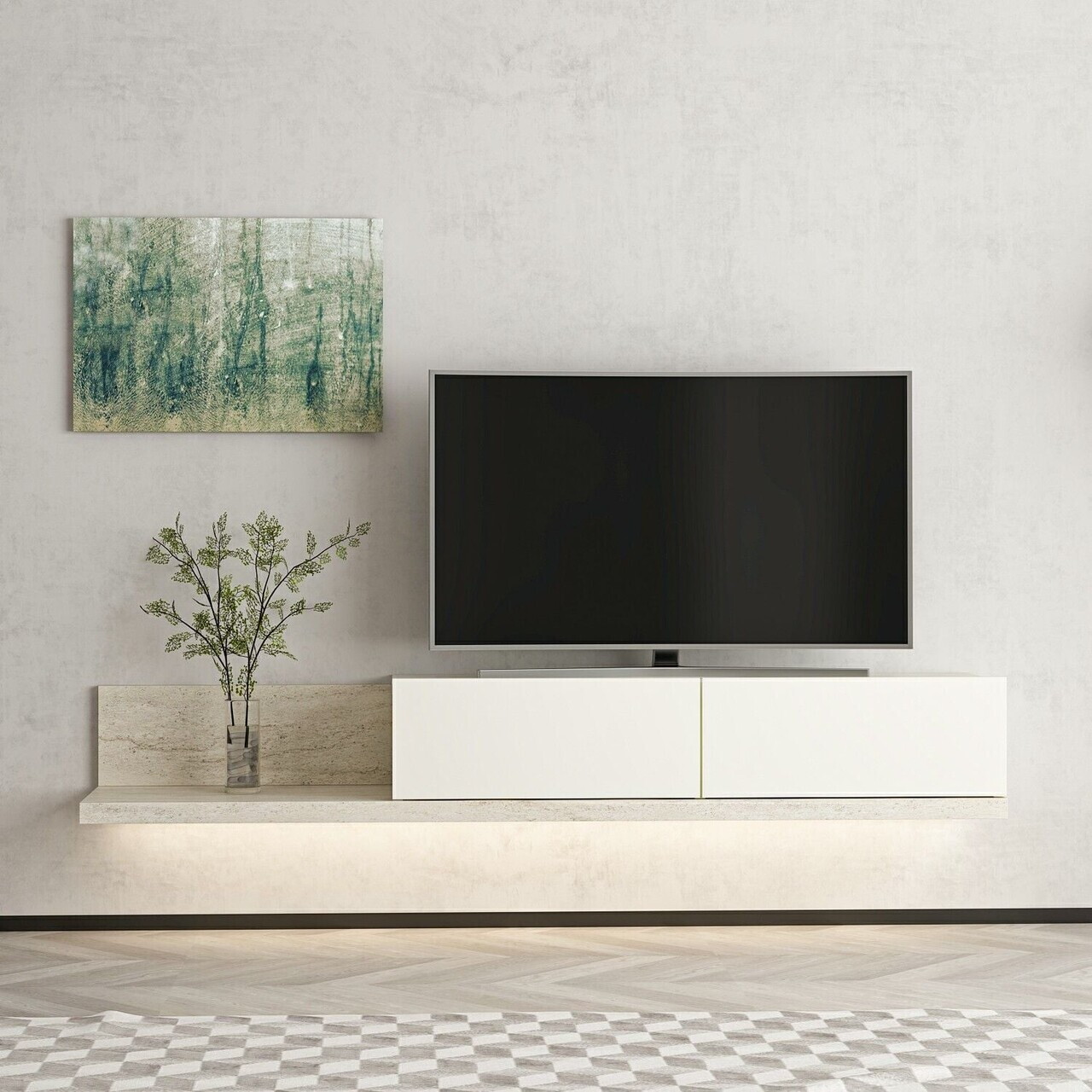 Comoda TV, Hanah Home, Nora, 160x24x30 cm, Piatră Lunii / Travertin