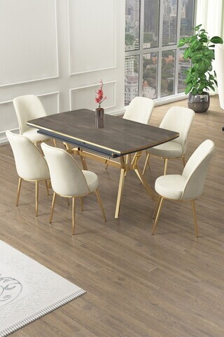Set masa extensibila si scaune (7 piese), Hanah Home, Poy, Antracit / Auriu / Crem