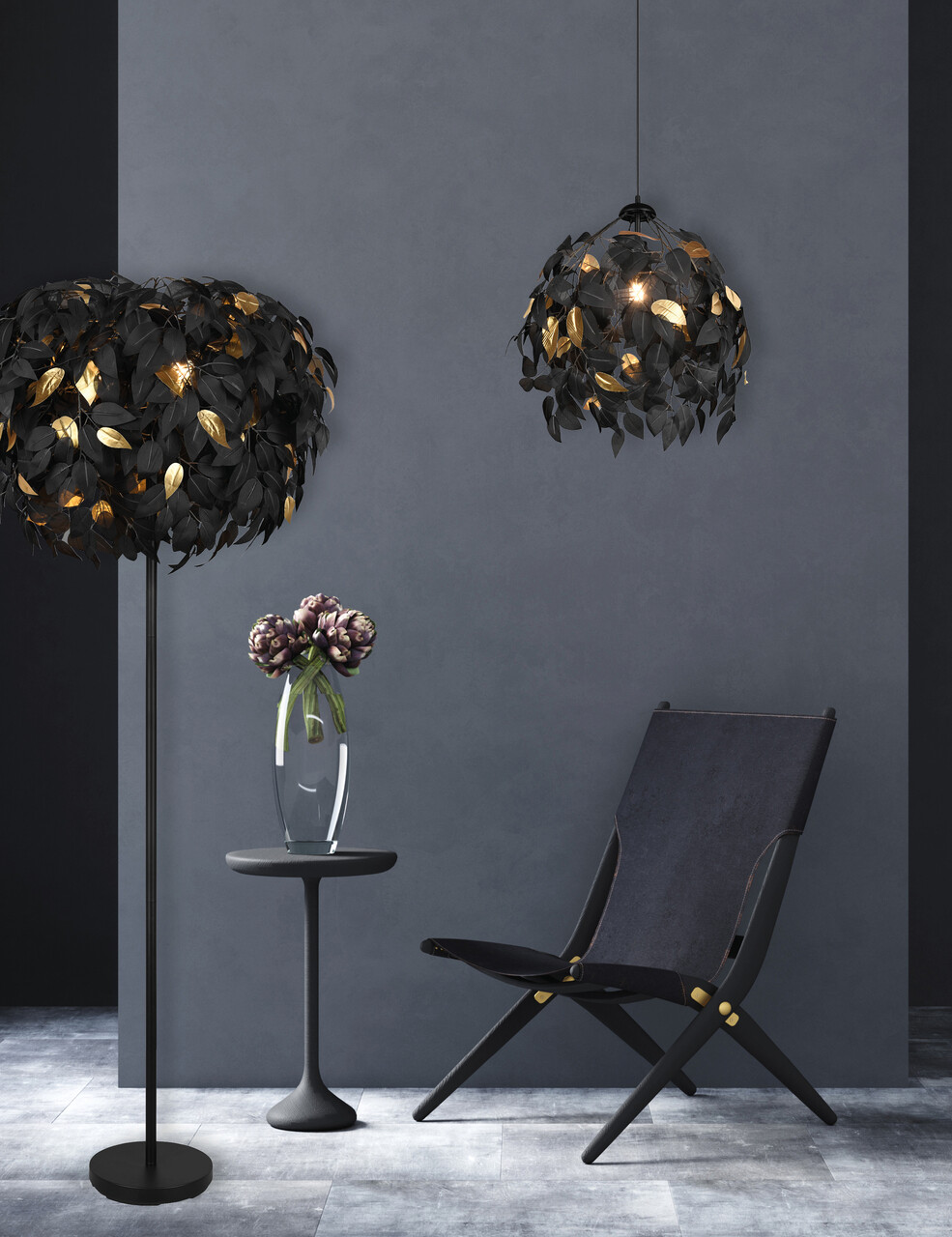 Lampadar Leavy, RL, 70x180 cm, 28W, 3x E14, metal, negru mat/auriu