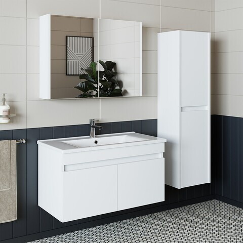 Set Dulap de Baie cu Chiuvetă și Oglindă (3 Piese), Hanah Home, 1325, MDF-LAM, Alb mat