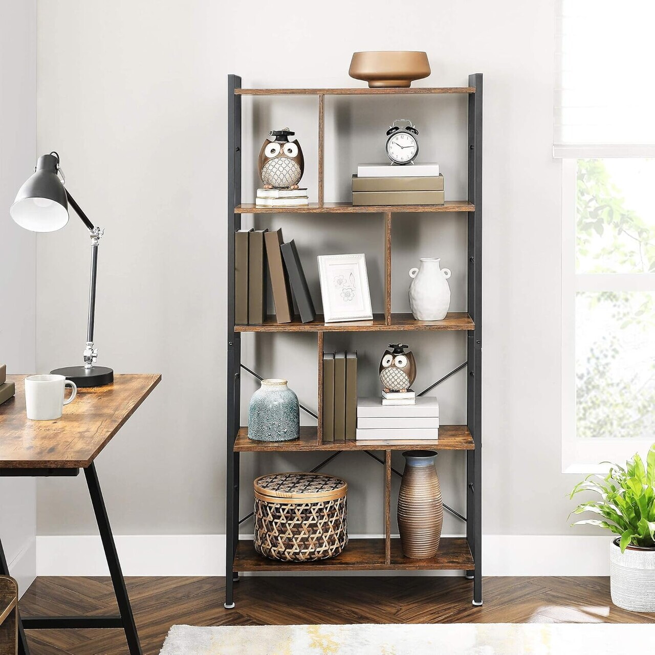 Biblioteca cu 4 niveluri, Vasagle, 74x30x154.5 cm, PAL/otel, maro rustic - imagine 8