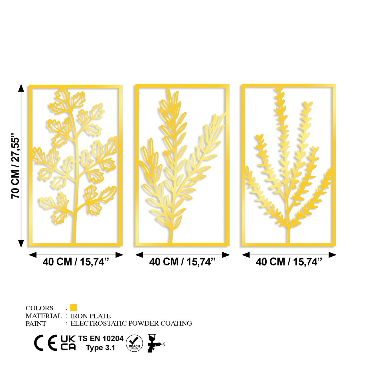 Decoratiune de perete, Golden Triple Flowers 4, 40 x 70 cm, 3 piese, Auriu — imaginea 6