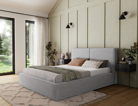 Pat tapitat cu somiera si lada depozitare, 180x200 cm, ELTAP, Pesillo, lemn/poliester, gri