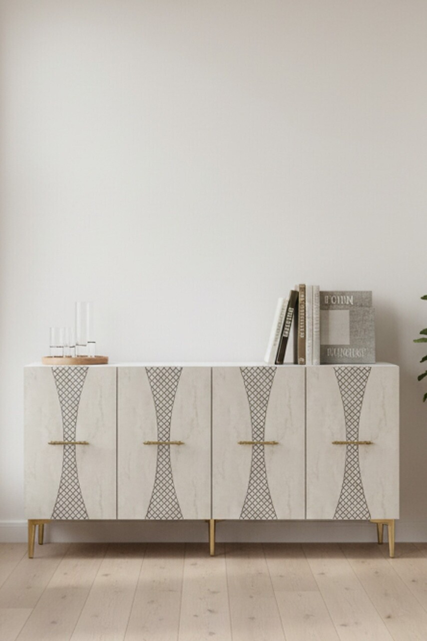 Consola, Hanah Home, Slim 150, 150x75x32 cm, White / Travertine / Gold — imaginea 4