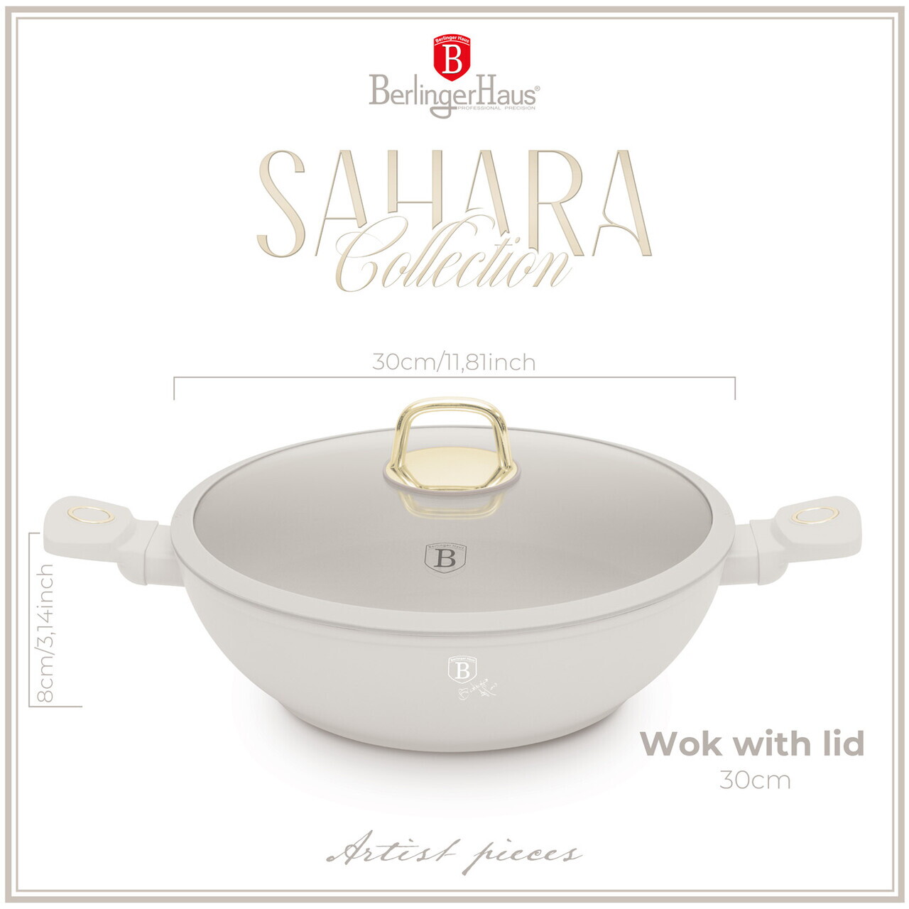 Tigaie Wok cu capac Berlinger Haus, Sahara, 30 cm, aluminiu forjat, crem mat - imagine 9