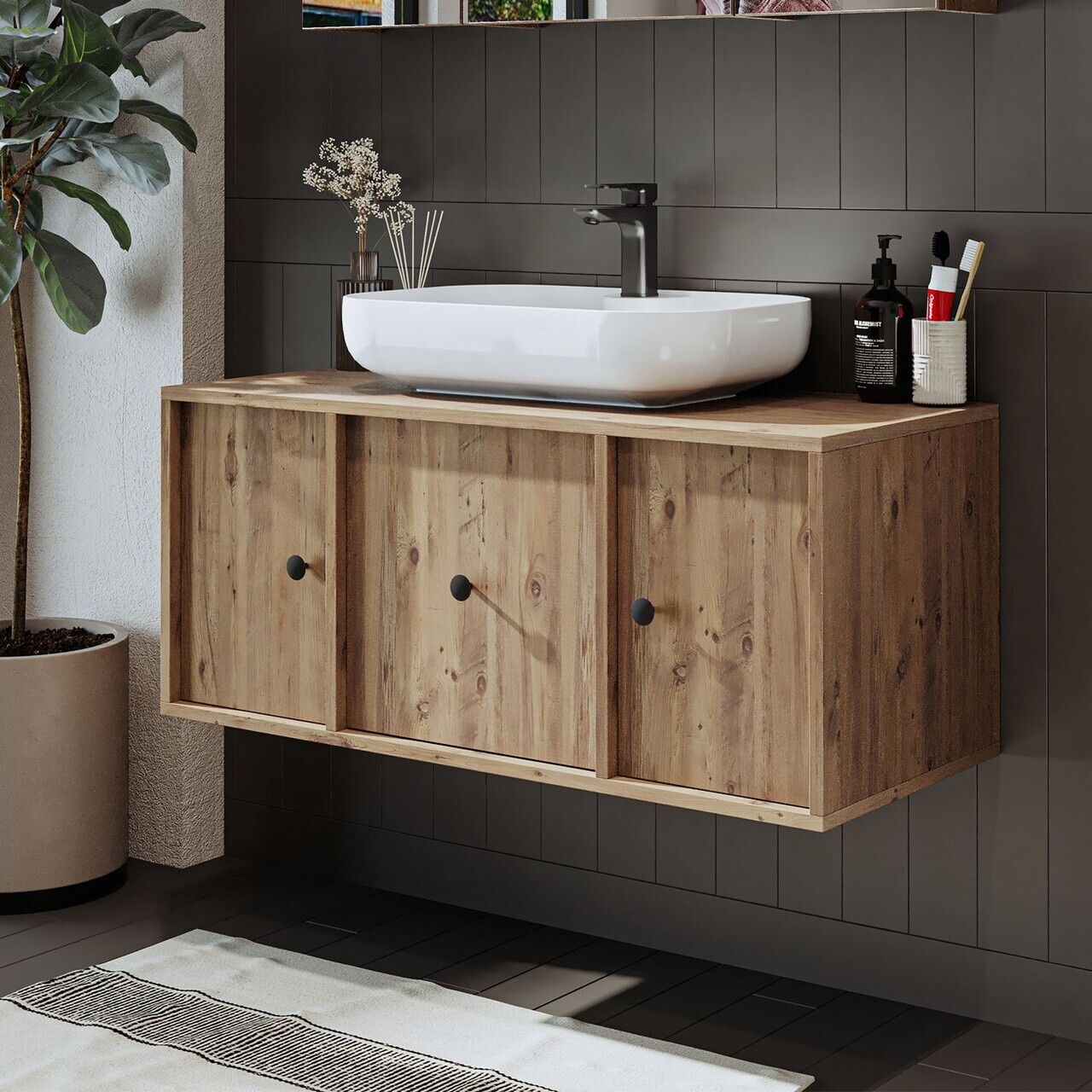 Dulap de baie cu chiuvetă, Hanah Home, 2564, 105x58x45 cm, MDF, Maro — imaginea 2