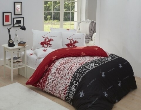 Lenjerie de pat pentru o persoana, 100% bumbac ranforce, Beverly Hills Polo Club, rosu/alb/gri