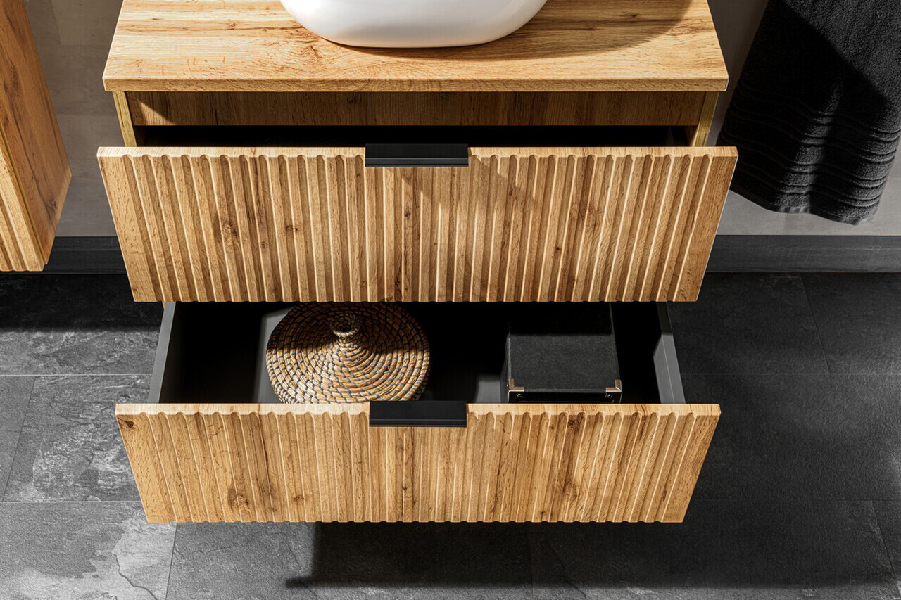 Set mobilier Adel Oak 60 cm, dulap inalt, masca cu lavoar si oglinda LED, Comad, MDF/PAL, stejar — imaginea 7