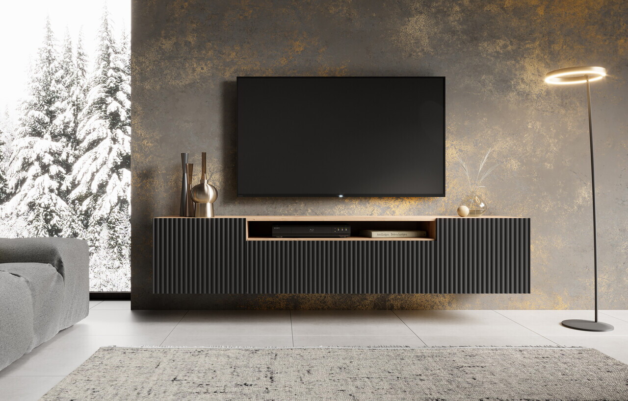 Comoda TV ADRK, Noemi, 200x41x40 cm, PAL melaminat/MDF, negru/artisan
