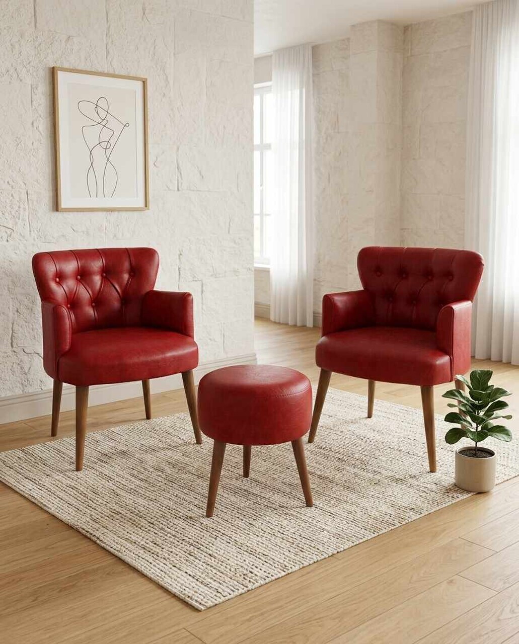 Set fotoliu cu aripioare și puf (3 piese), Atelier del Sofa, 281ELR1195, Rosu
