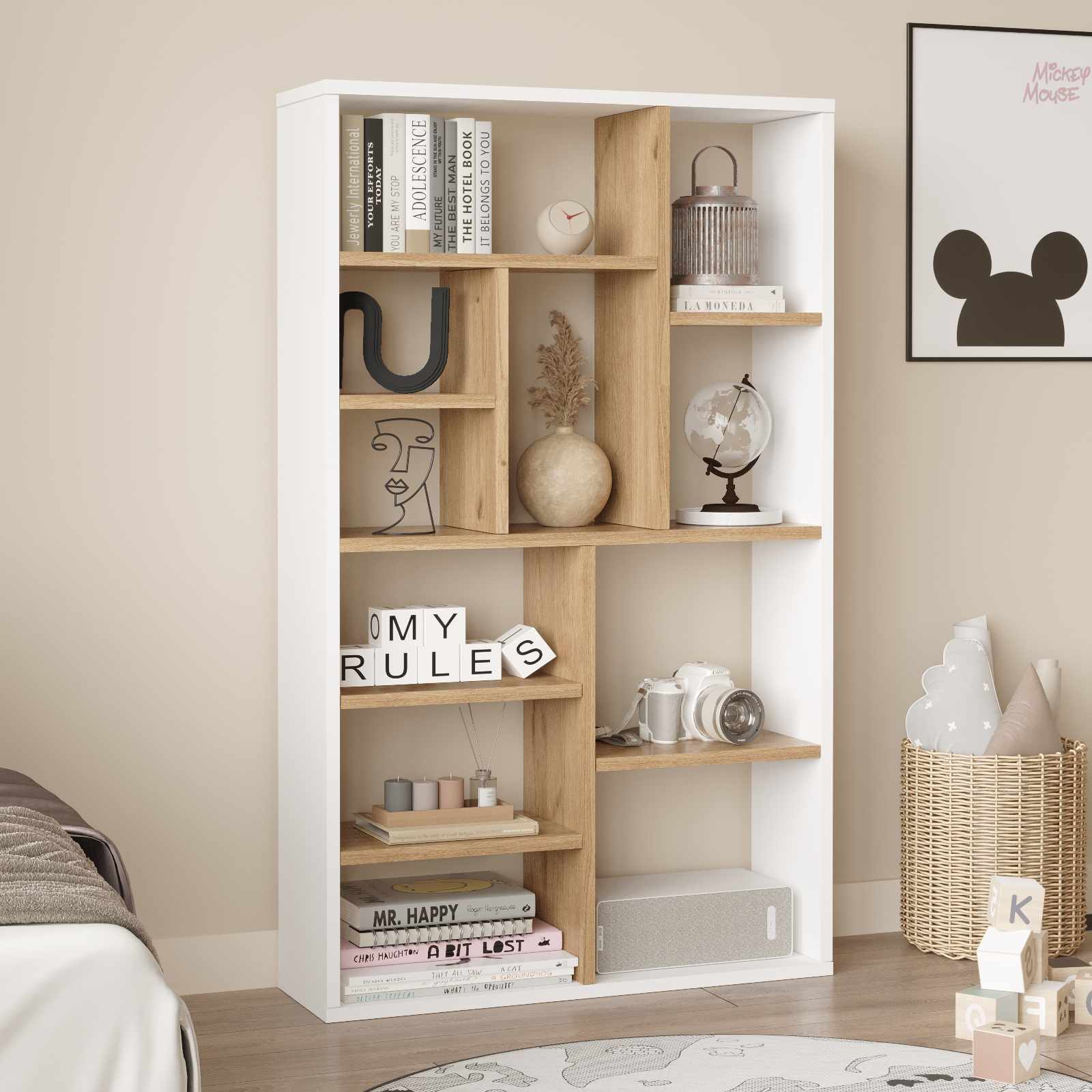 Corp biblioteca, Hanah Home, Kor1-Sw, 75x123.6x22 cm, PAL, Natural/Alb