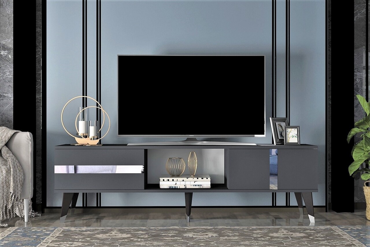 Comoda TV, Olivia, Vania, 150x29.6x50 cm, PAL , Antracit / Argintiu - 1 | YEO